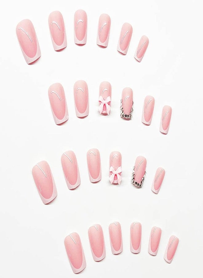 LRKNNO French Tip Press on Nails Short Square, LRKNNO Pink Fake Nails with Charms Designs Cute Glue on Nails White Nail Tips Full Cover Acrylic Nails Bows False Nails for Women Girls DIY Manicure Salon 24Pcs - Image 2